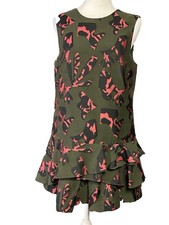 Banana Republic Shift Dress Womens Petite 8P Green Floral Ruffle Hem Sleeveless