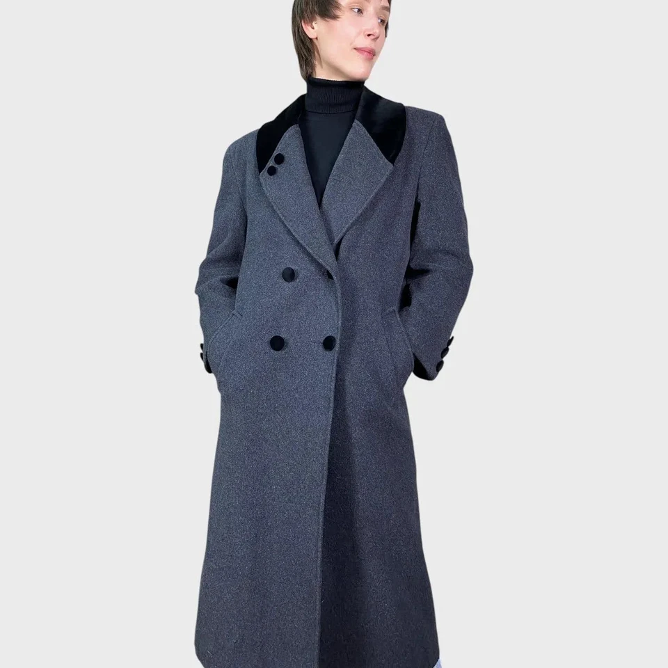 Vintage Dark Grey Wool Coat Longline Winter Coat Velour Collar Size US4/6 - Image 3 of 4