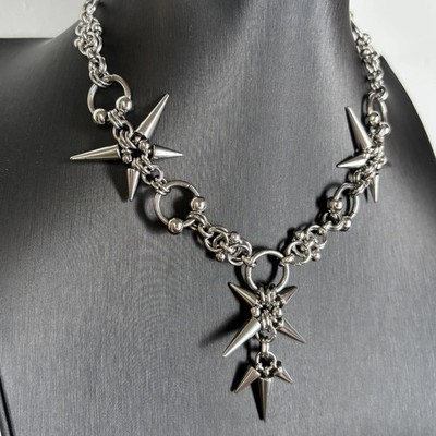 Punk Goth Halsband Stern Spike Kettenhemd Halskette Grunge Emo Rock silberfarben Metall