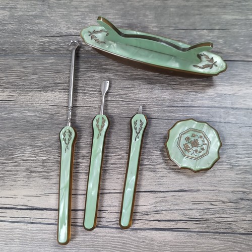 VTG Antique Green Bakelite Celluloid Pearlized Vanity Grooming Nails 5 Pieces
