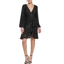 NEW Eliza J Black Sequin Ruffle Dress Size 4 Sequined Faux Wrap Fit & Flare NWT