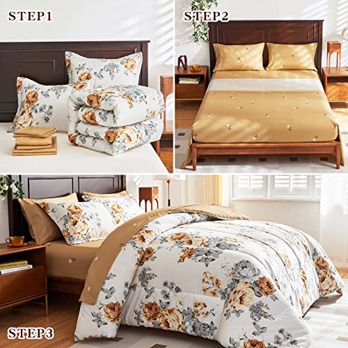 Bed in a Bag Queen, 7 Piece Floral Comforter Sheet Set, Brown n Gray Flower - Imagen 6 de 8