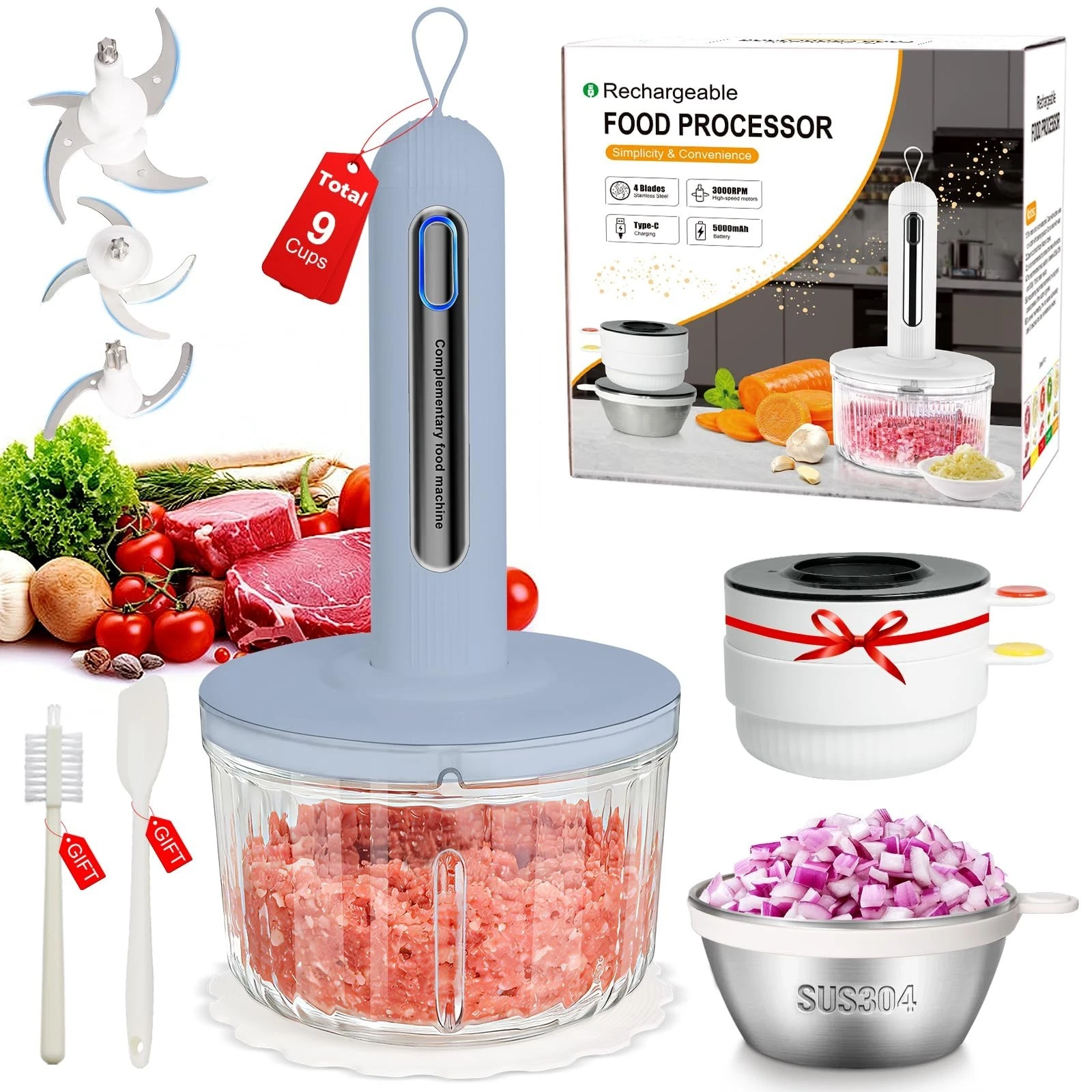 4 Bowls(9 Cups) Cordless Food Processor800W Pure Copper Motor3 Sets SUS304 Blade
Opens in a new wind