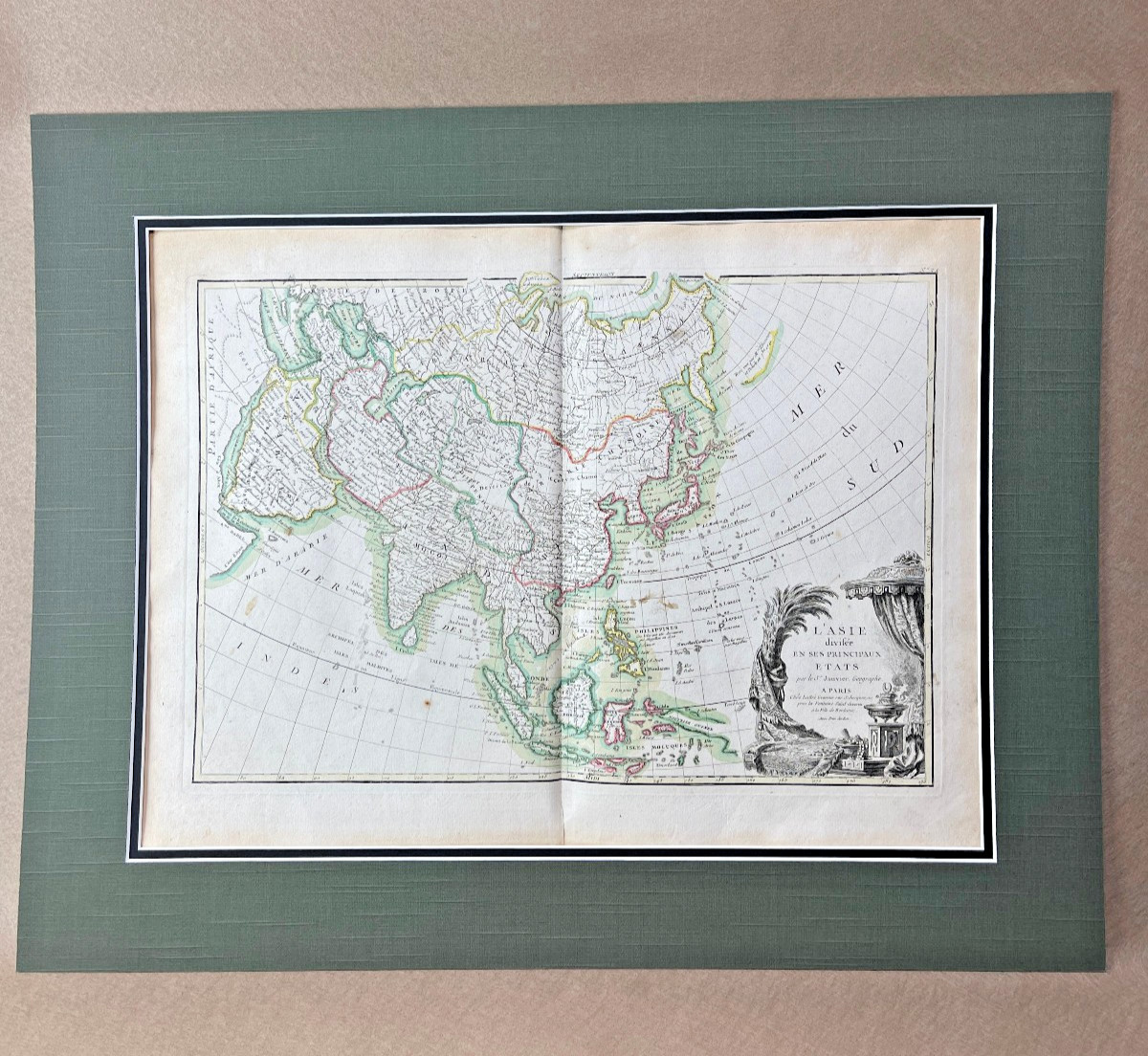 1760s Antique Map Asia Janvier Lattre Paris Hand Colored Engraving 18th c. ORIG