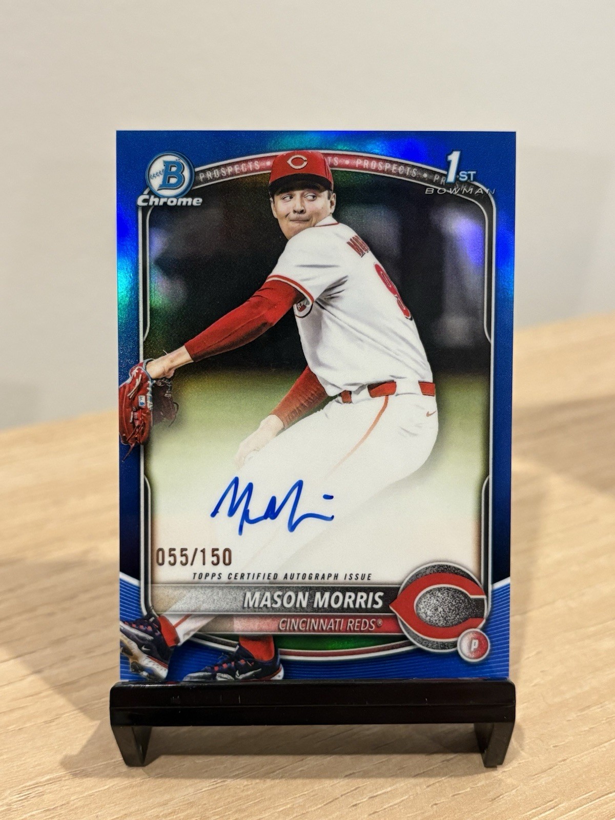 Mason Morris 2025 Bowman Draft Chrome Blue Refractor Auto /150 Reds #CPA-MM