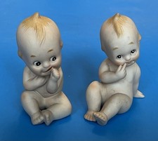 2 Vintage Lefton Bisque Kewpie Baby Doll Figurines Blue Wings