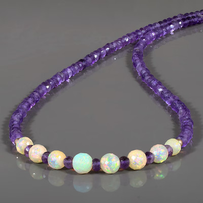Vatslacreation Natur-Feueropal Amethyst Perlenkette 925 Silber 18 in Handarbeit