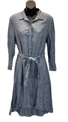 Saks Fifth Avenue Women's M Blue Shirt Dress Long Sleeve 100% Linen belted midi