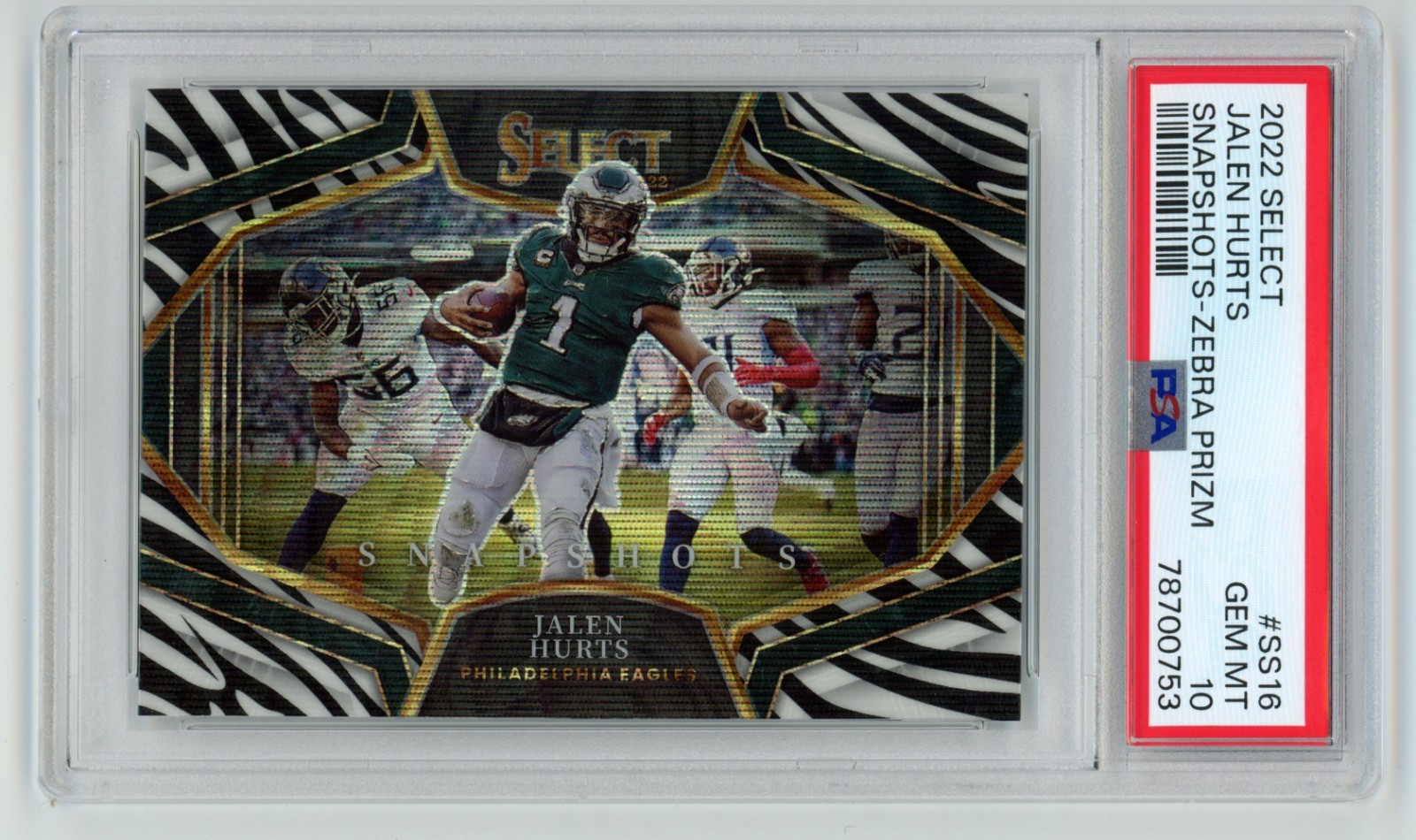 Jalen Hurts 2022 Select Snapshots Zebra Prizm SSP PSA 10 GEM MINT #SS-16 Eagles