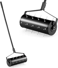 Goplus Rolling Lawn Aerator, 18-Inch Garden Yard Rotary Push Tine Filled Sand St