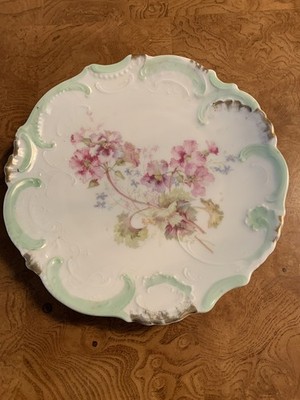 Antique Vintage  Weimar Porcelain Pink Flowers 8'' Gold Trim Scalloped Edge