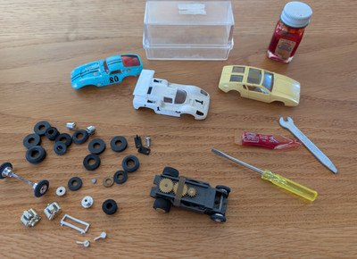 Vintage Aurora TJET  Chassis 3 Bodies Oil Parts Case Chaparral Mangusta Cobra GT