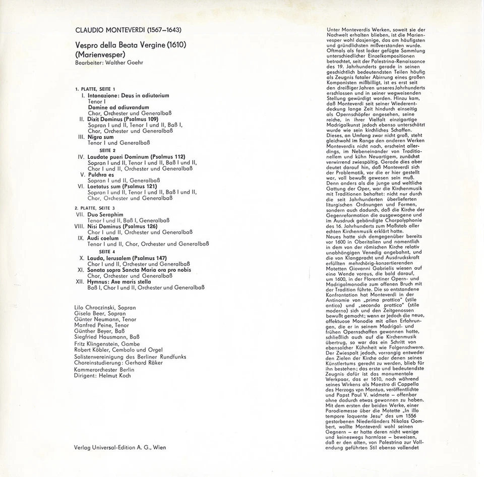 MONTEVERDI Vespro Bella Beata Vergine KOCH Eterna 826086 2LP NM 1967 Recording - Image 2 of 3