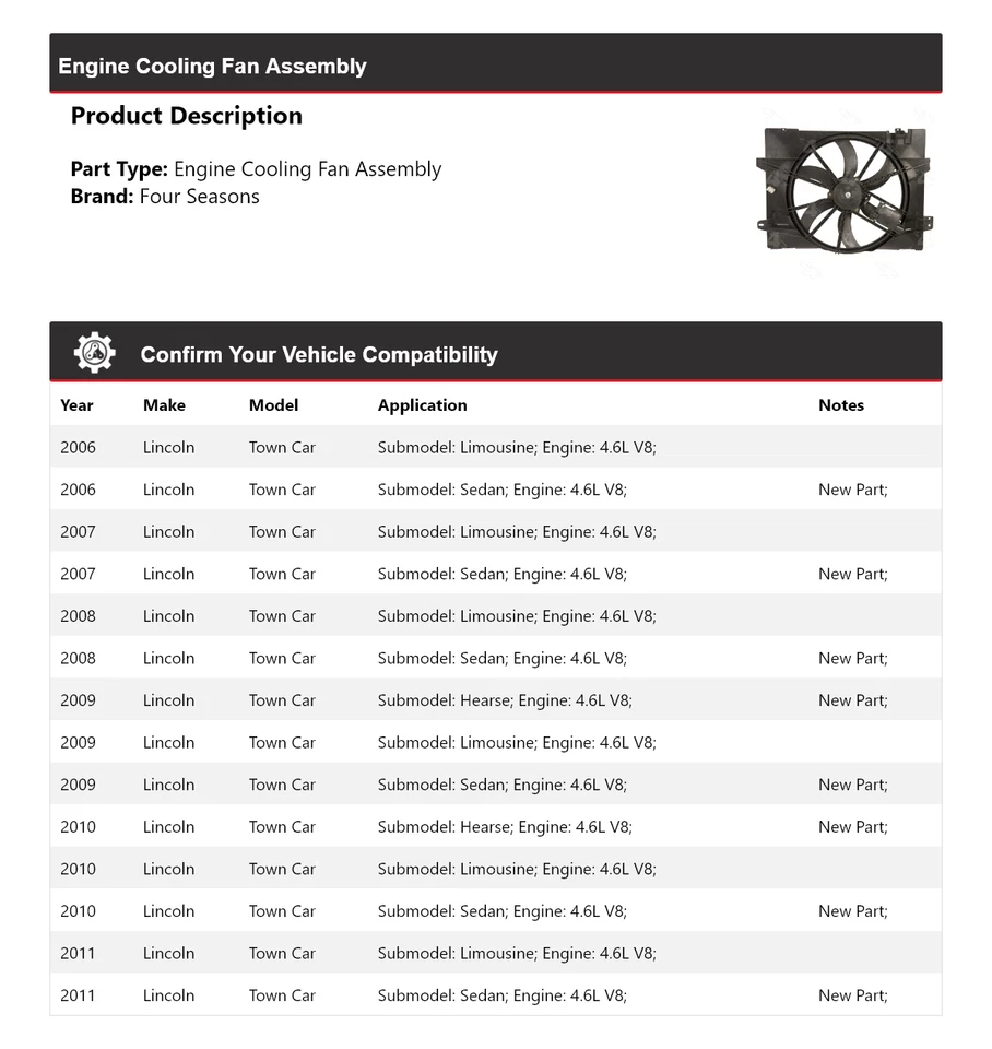 Conjunto de ventilador de refrigeración del motor V8 de 4,6 L Lincoln Town Car 2006-2011 4 estaciones Foto 2 de 4