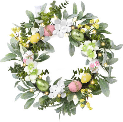 Pastel Easter Egg Wreaths Decoration for Front Door with Lights, Artificial Spri