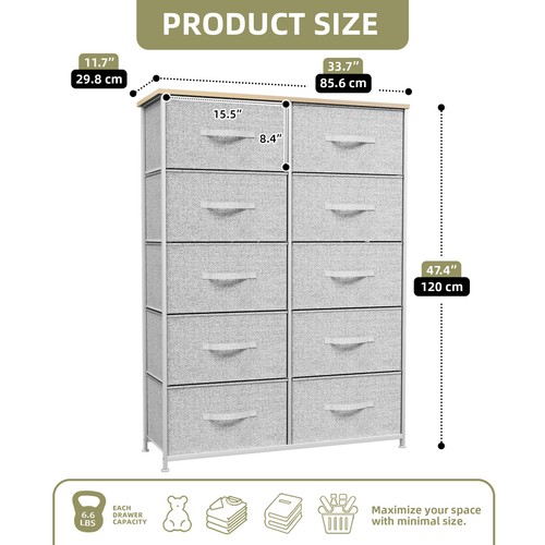 10 Drawers Dresser Gray Fabric Cabinet Organizer Chest Storage Bedroom Unit - Picture 2 of 11