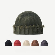 Men Women Ripped Knit Beanie Hat Solid Slouch Cap Winter Outdoor Warm Fashion