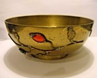 Pretty 6" Antique Chinese Jade and Coral Glass Cabs Jeweled Accent Brass Bowl 
