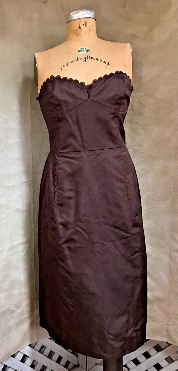 100% SILK Sweetheart STRAPLESS DRESS LELA ROSE Cocoa Brown Chiffon Scallops  8 | eBay