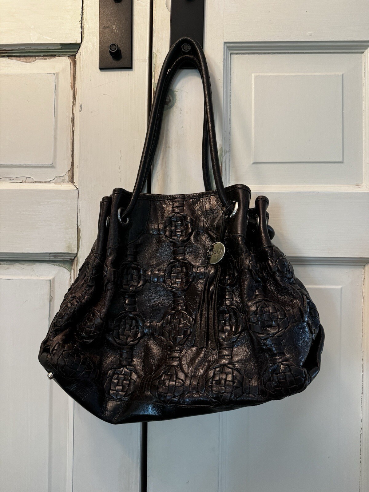 Vintage Furla Rare Black Leather Woven Bucket Bag Purse Handbag Unique