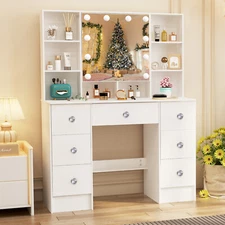 White Makeup Vanity Set LED Lighted Mirror Dressing Table Dresser Desk w/ Drawer