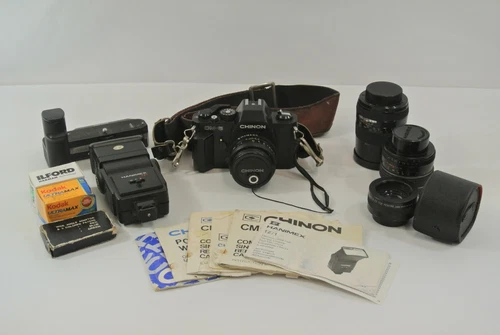Chinon CM-5 Film Camera + Lenses Power Winder Hanimex Filters Film Vtg