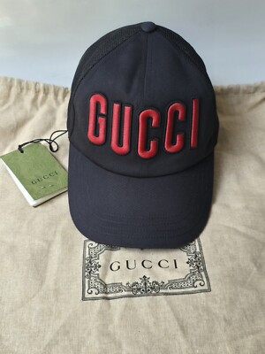 GUCCI M 58 キャップ　帽子　ユニセックス Gucci Black Hat Baseball Cap Size M 58 cm Red Embroidered