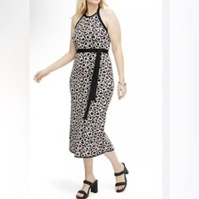 DVF Target Halter Poppy Midi Dress Neutral Knit Tie Neck Size L NEW