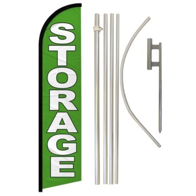 Storage Green Advertising Windless Banner Flag & Flag Pole Kit & Ground Spike
