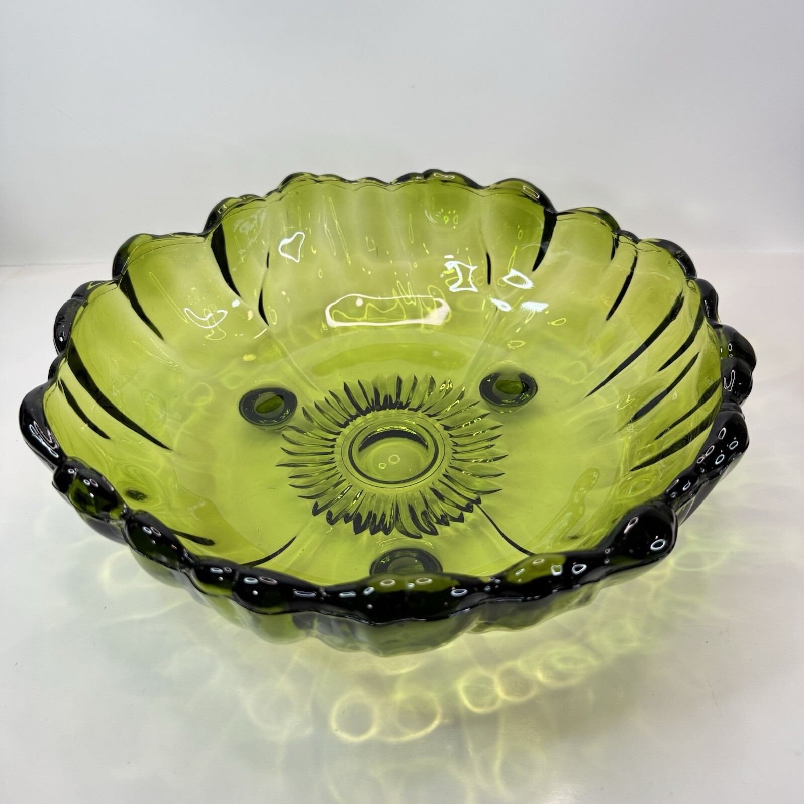 Vintage Mid Century Green Glass Sunflower Footed Serving Bowl 11 Inch Wide