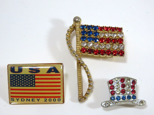 VTG Patriotic Rhinestone American Flag Lapel & Stick Pin Hat Lot Rafaelian D2003