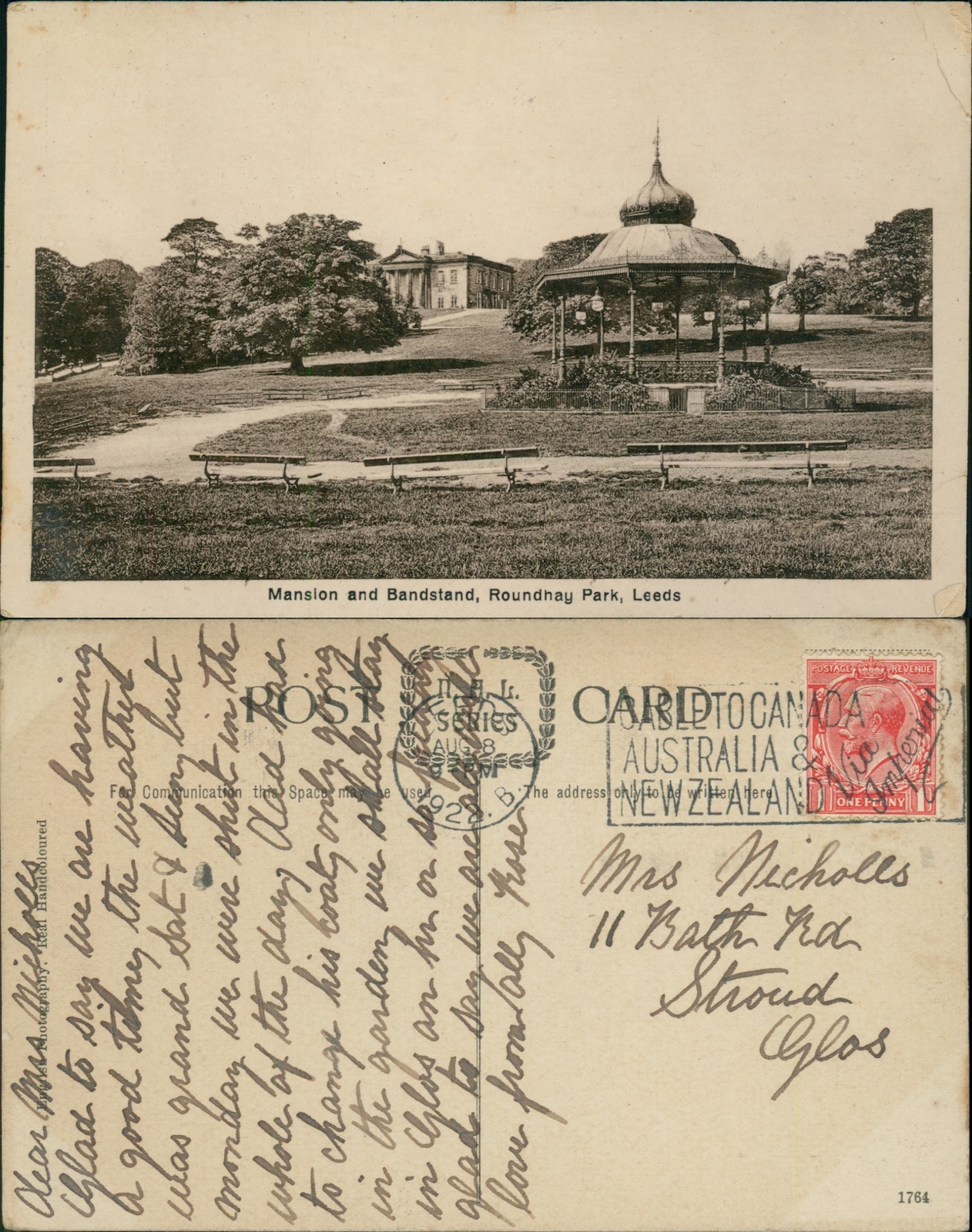 Leeds Roundhay Park Mansion & Bandstand GB 1922 Cancel NAL Photogravure