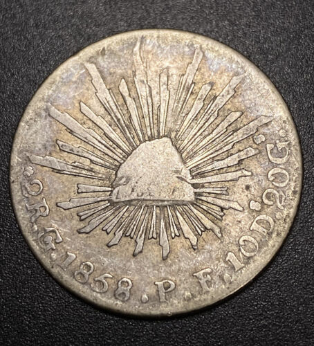 México 1858 Guanajuato PF 2 Gorra de Plata Real y Rayos Águila Mundo Moneda Rara - Imagen 5 de 11