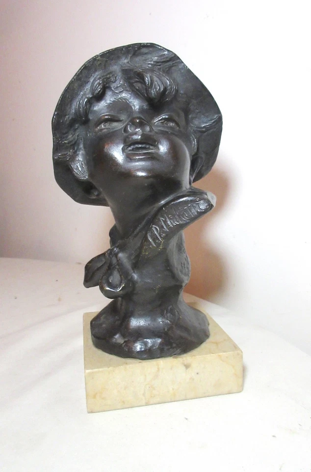 antique 1800s Francesco Paolo Michetti bronze child bust statue sculpture marble - Image 3 of 4