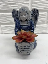Vintage Rowe Blue Salt Glaze 7” Kneeling Angel Votive Holder or Planter Signed