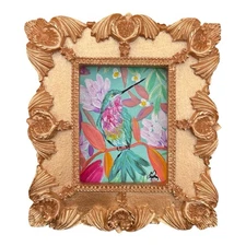 Hummingbird miniature art watercolor print in gold vintage style ornate frame