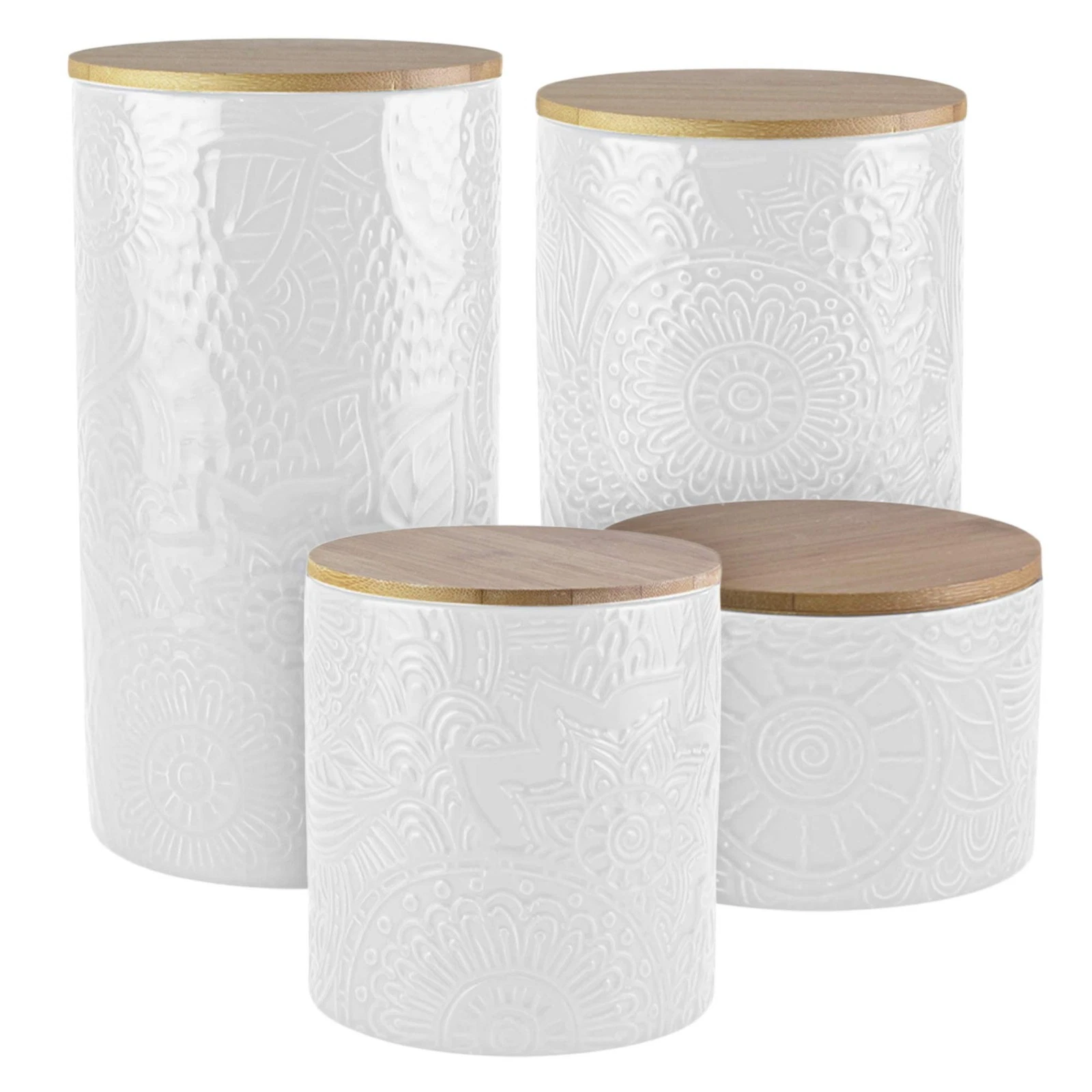 Atelier Embossed Canister Set 4-Piece Ceramic Set Jar Container with Wooden L...