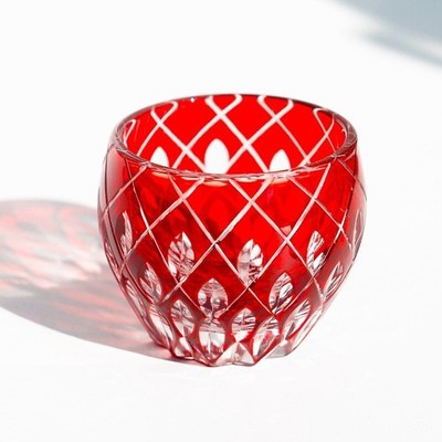 2oz Red Edo Kiriko Glass Cup Small Shot Glasses For Sake Handmade Cased Glass