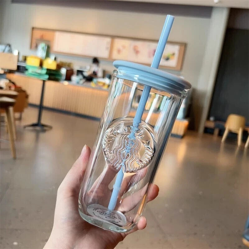 Starbucks China 2024 Verano Naturaleza Azul Triángulo 16oz Vaso de Vidrio para sorber