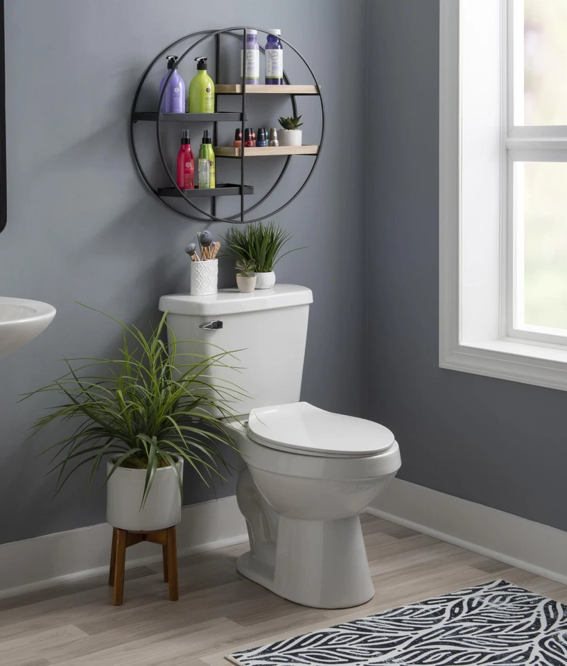 Armazenamento de parede Lindell preto metal redondo quatro prateleiras com detalhes em madeira - Imagem 2 de 4