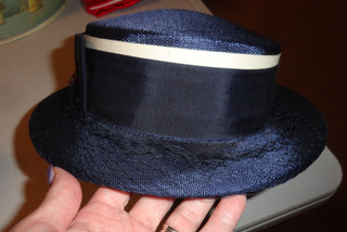 Vintage Women's Navy Blue & White Church Hat with Netting