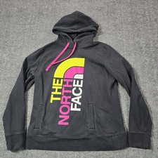 The North Face Hoodie Womens Large Black Neon Pink Vertical Logo Pullover Fleece