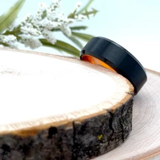8mm Brushed Black Tungsten Wedding Ring Orange Interior High Polished Edges Band
