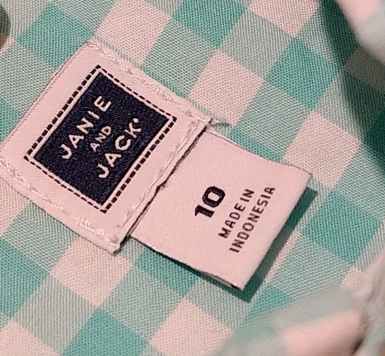 Janie And Jack Boys Size 10 Button Up Gingham Shirt Green Long Sleeve Easter 