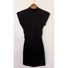 Zara Black Mock Neck Ruched Mini Dress Structured Shoulders Bodycon Size S