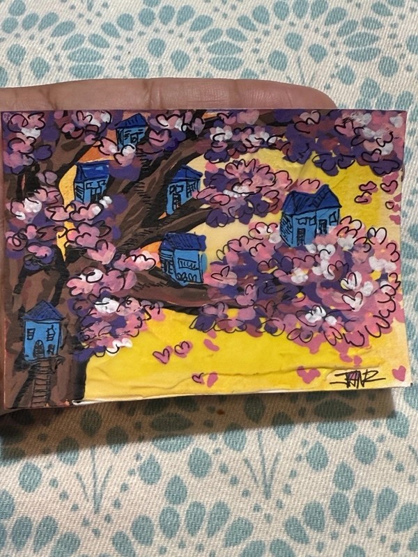 ACEO Original Abstract  Blossom Village in the Trees Painting by Janay Charles