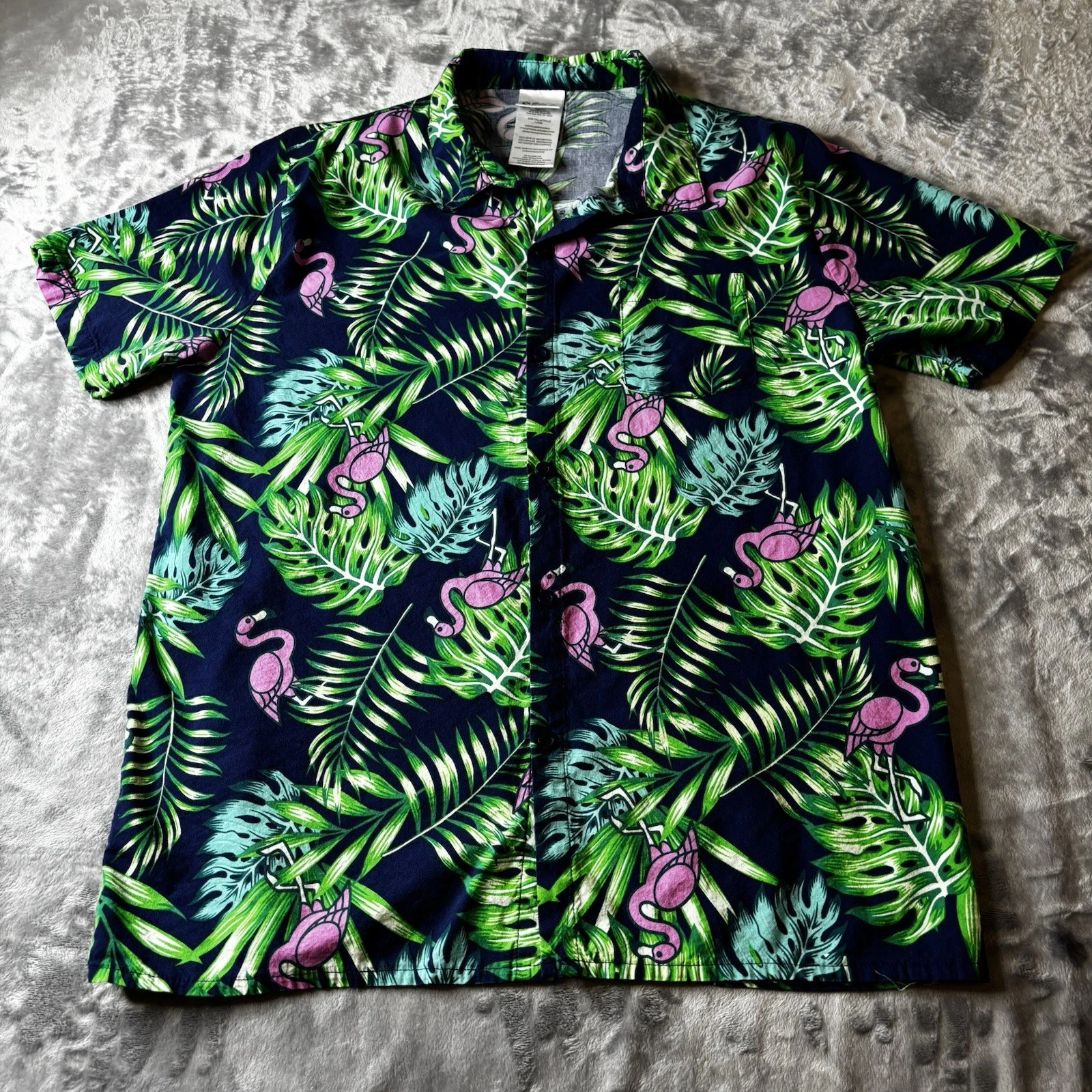 IML Mens Shirt Size Large Hawaiian Jungle Ferns Falmingos Button Up Short Sleeve