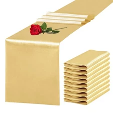 10 Pack Satin Table Runner 12 x 108 Inch Long Light Gold Silk Table Runner fo...