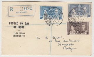 ADEN 1937 CORONATION official printed reg FDC ADEN BRUSSELS BELGIUM
