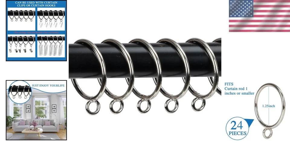 Anillos de cortina de metal con ojales 1,25 pulgadas plateados paquete de 24 para ganchos para cortinas Foto 2 de 4